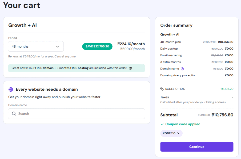 Hostinger Add to Cart after coupon code applied